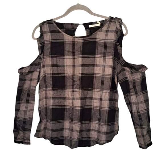 Maurices Black Gray Plaid Cold Shoulder Fall Autumn Top Size Small - Picture 1 of 8